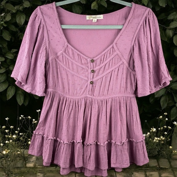 Rewind Tops - Rewind Lavender Button-Front Peplum Blouse Cottagecore Flowy Sleeves Small Boho